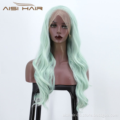 Ombre Swiss Lace Synthetic Hair Wholesale Cheap Vendor Cosplay Long Curly Body Wave Green For Black Women Lace Front Wig